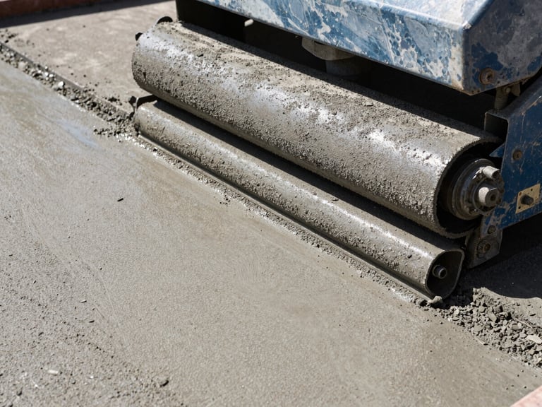 Close-up of fresh high-strength concrete being leveled on an industrial floor, vibrating screed machine, sharp aggregate textures visible, deep shadows.