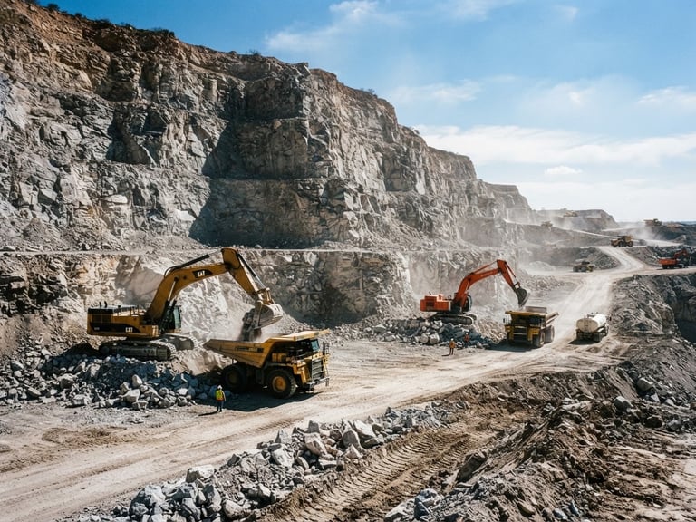 Wide environmental shot of the active Zempoala quarry, heavy excavators working against a massive limestone wall, harsh direct midday sun.