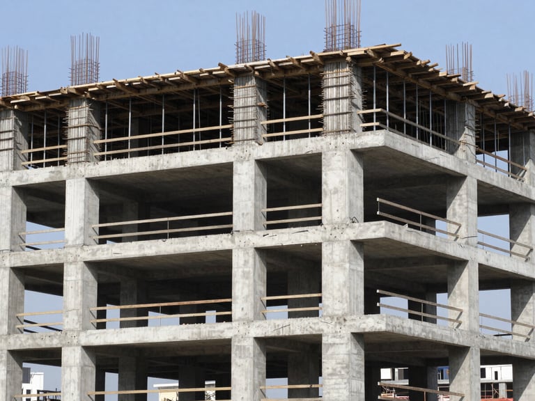 Industrial documentary photo of a modern multi-story residential concrete structure under construction, raw concrete pillars, bright midday sun, sharp focus, 35mm lens.