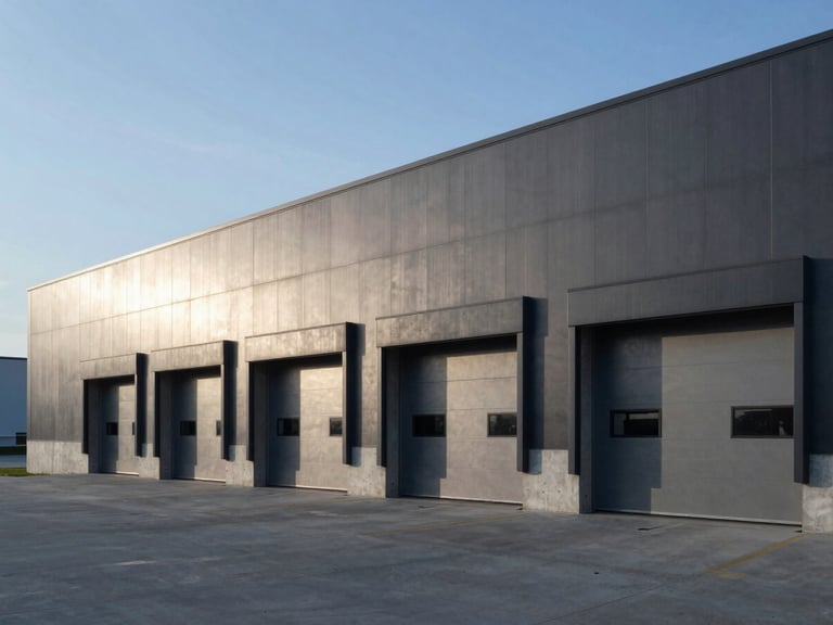 Sleek concrete loading docks and clean architectural lines of a modern distribution center, cool daylight shadow play