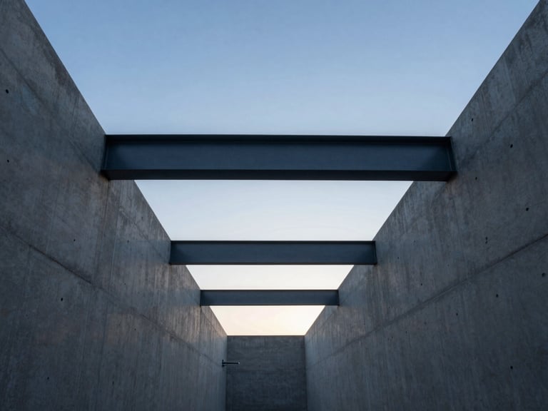 Wide-angle architectural perspective of clean concrete lines and steel beams reaching toward a clear morning sky, minimalist corporate design