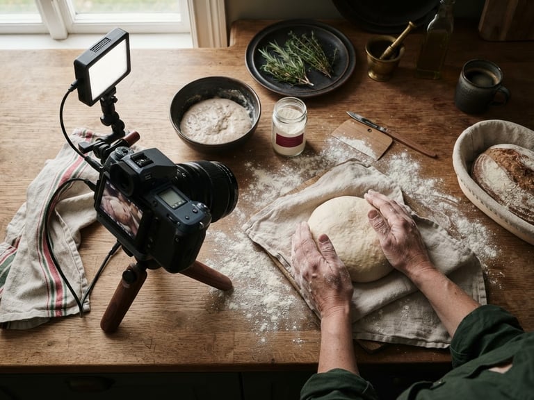 Overhead flat-lay of a rustic wooden kitchen counter, hands prepping fresh sourdough next to a professional camera rig, soft Scandinavian daylight, deep crimson tones