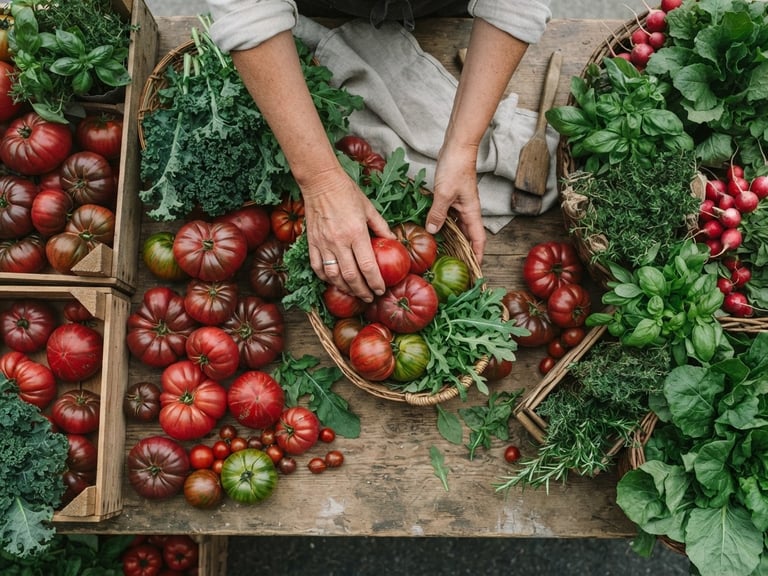 Overhead flat-lay of a vibrant farmers market stall in soft Scandinavian daylight, hands arranging heirloom tomatoes and fresh greens, rich crimson and forest green tones, matte texture.