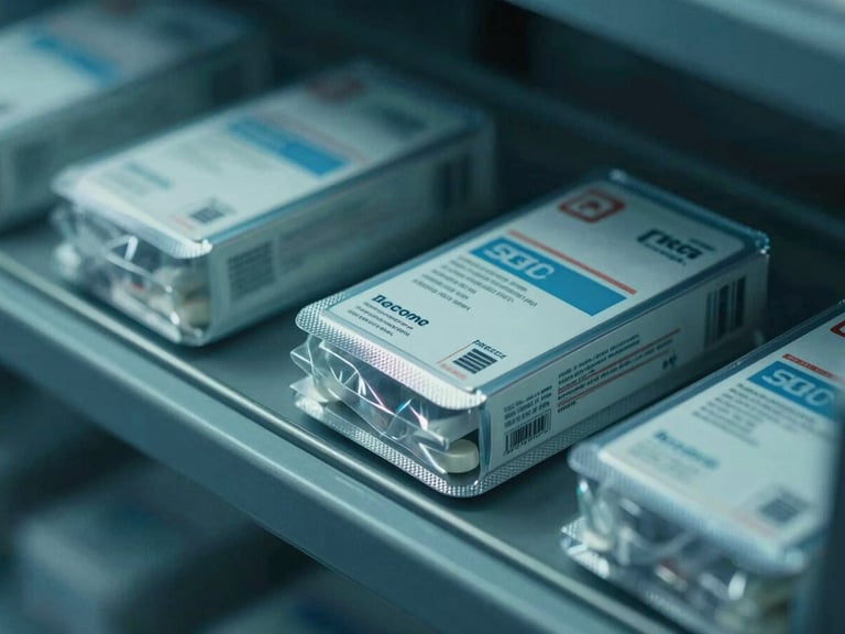 Cinematic pharmaceutical photography of secure temperature-tracked medicine batches in a modern cold-chain warehouse, cool blue and clinical green ambient lighting, sharp macro details, 35mm lens