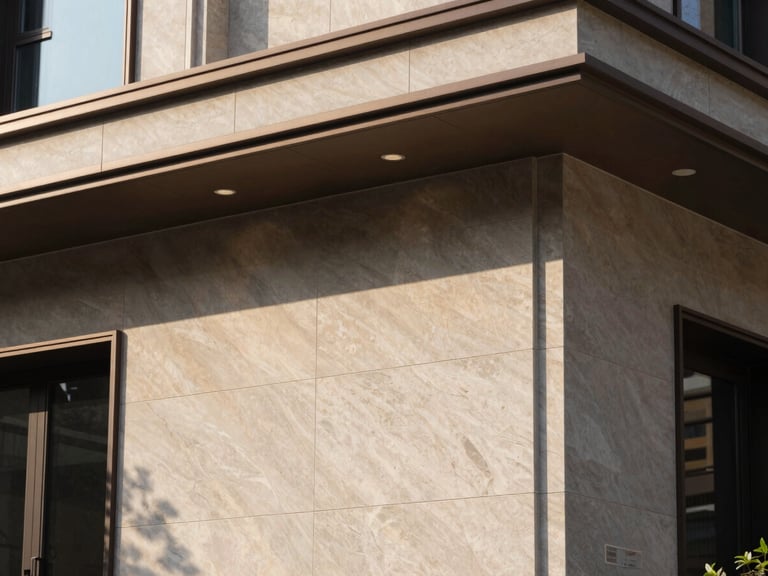 Close-up architectural detail of a luxury residential façade — polished stone cladding, recessed linear lighting, deep shadow reveals, natural daylight raking across the surface from the left, conveying precision and material quality