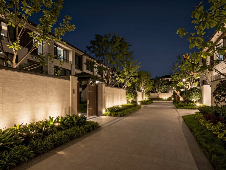 Wide environmental shot of a luxury gated residential perimeter at dusk — illuminated boundary wall with mature landscaping, a long paved walkway receding into the distance, warm uplighting on trees, deep navy sky, no people