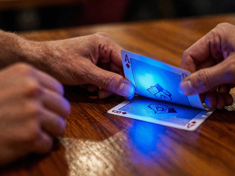 Close-up of hands holding cards with vibrant blue neon glow reflecting on the wooden table surface, high-contrast tavern lighting.