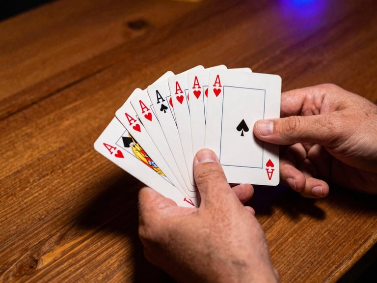 Weathered hands holding a fan of cards on a wooden table, one hand subtly observing the other, warm high-contrast bar lighting, rich wood textures, shallow depth of field