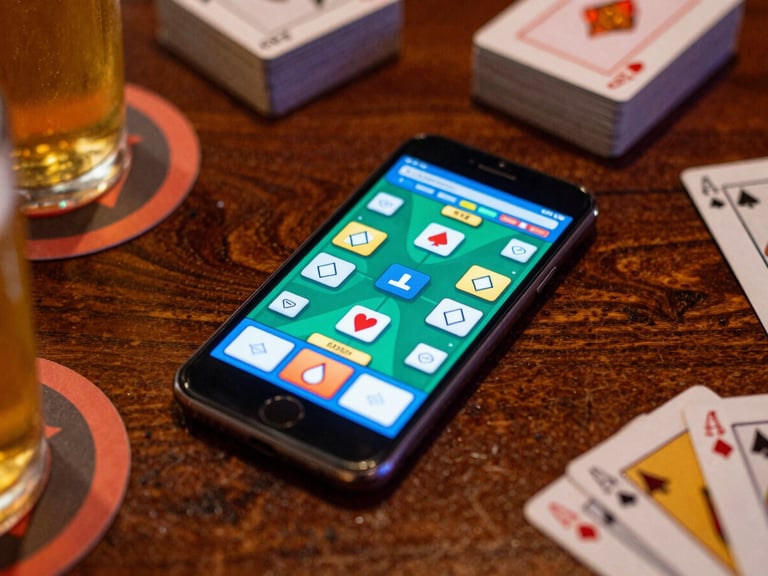 Overhead shot of a mobile phone displaying a smooth, active card game, surrounded by beer coasters and card decks on a rich wooden table, vibrant neon glow, shallow depth of field