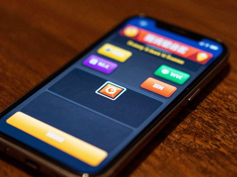 Close-up of a mobile screen displaying a card game matchmaking interface, vibrant neon accents, warm tavern lighting, shallow depth of field
