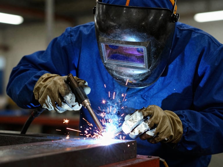 Close-up shot of a trainee welder in full PPE, hands steady on a SMAW torch, sparks flying, focused on a clean weld bead, high-contrast industrial lighting, 35mm.