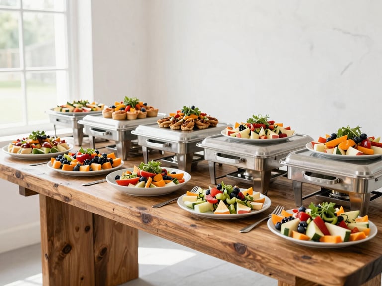 Wide-angle environmental shot of a beautifully styled catering buffet on a rustic wooden table, bright natural light