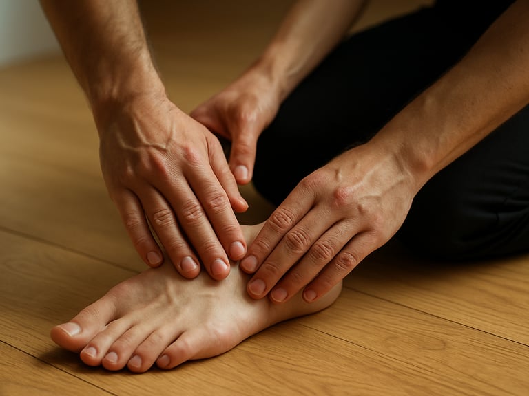 Close-up of a physiotherapist's hands gently guiding an adult's foot placement during a mobility exercise on a timber floor, soft side-lighting from a nearby window.