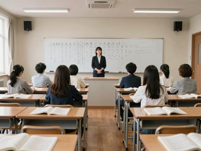 Wide shot of a clean, minimal Japanese-style classroom interior under soft north-facing daylight—rows of desks with open textbooks and handwritten notes visible, an instructor standing at a whiteboard with Japanese characters written in structured columns, no students facing camera, calm and purposeful atmosphere