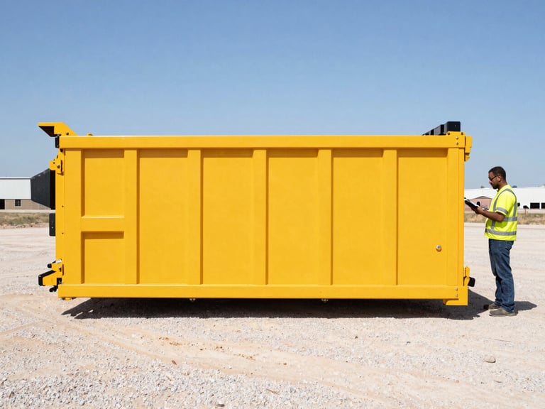 Side profile of a yellow 20-yard roll-off dumpster on a gravel lot, with a professional driver in high-visibility gear checking a manifest, harsh Texas midday sun, wide-angle.