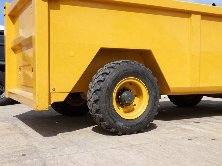 Close-up of heavy-duty rubber wheels on a yellow roll-off dumpster, parked on a clean concrete driveway, harsh Texas midday sun, low angle.