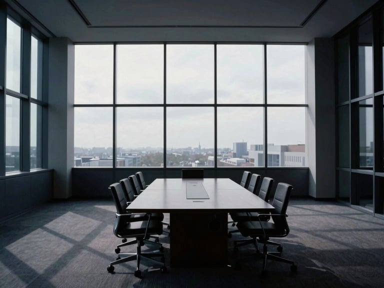 Modern corporate architecture interior, empty boardroom with a large conference table, cool overcast daylight streaming from tall windows, structured geometric shadows, desaturated navy and slate tones, architectural symmetry, 35mm