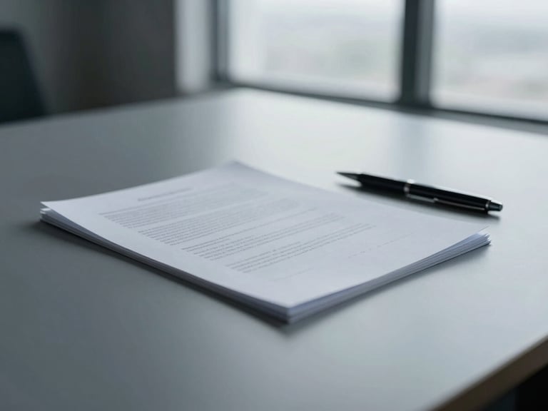 Close-up of high-quality paper documents on a sleek, minimalist desk, a pen resting beside them, soft diffused office window light, subtle geometric shadows, desaturated navy and slate tones, 35mm