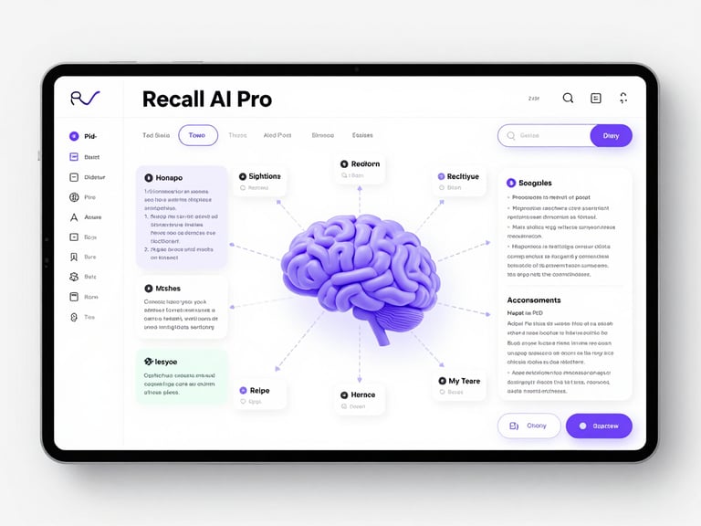 High-fidelity UI dashboard mockup of Recall AI Pro on a clean white background, showing a neural mind map of connected notes, highlighted PDF text, and a smart search bar with purple accents.