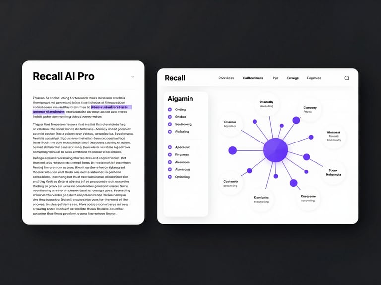 A minimalist UI dashboard mockup of Recall AI Pro. On the left, a PDF document with highlighted text; on the right, an AI-generated summary box and a clean neural network mind map in purple accents.