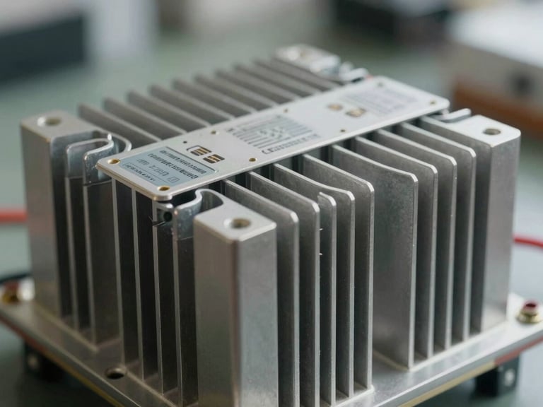 A close-up macro shot of a Remote Radio Unit heatsink with metallic cooling fins and technical serial plates under bright warehouse daylight.
