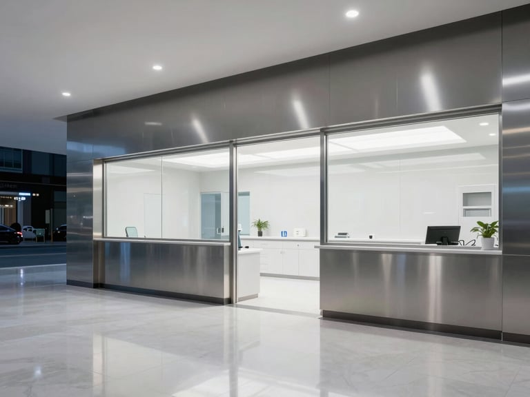 Meticulously clean medical clinic interior at night with crisp architectural lighting, reflecting off polished floors and brushed steel surfaces, 35mm