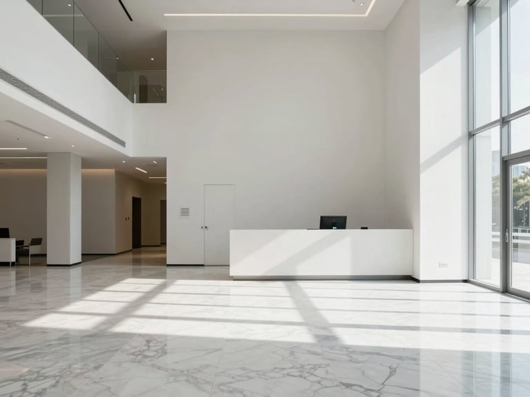 Bright minimalist corporate lobby with marble floors, clean architectural lines, sharp daylight, 35mm