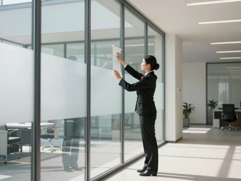 A professional day porter in a sharp black branded uniform meticulously polishing a glass partition in a sunlit modern corporate office, 35mm