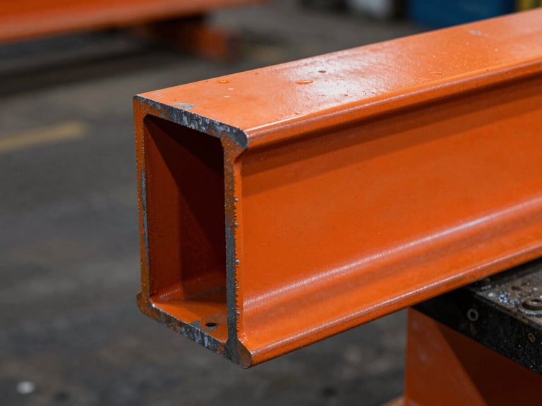 Extreme close-up of a perfectly smooth matte safety orange coated metal steel beam, dramatic high-contrast industrial workshop lighting, sharp macro focus, 35mm lens