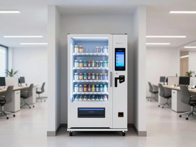 Straight-on eye-level architectural shot of a modern clean vending machine with a digital payment screen glowing in a bright, modern corporate office breakroom, high-key commercial lighting, 35mm lens.