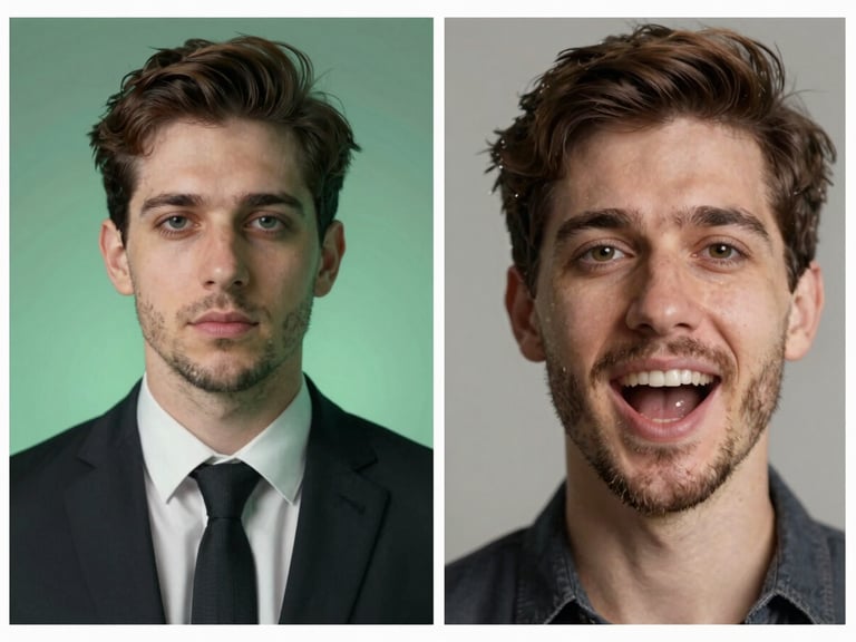 A split-screen comparison showing a static business headshot on the left with a subtle green processing glow, and a dynamic video frame on the right showing realistic avatar mouth movement.