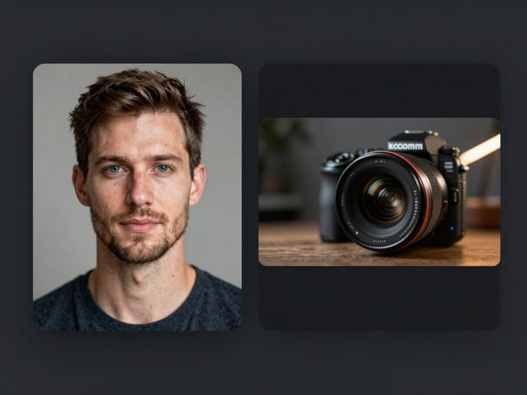 Clean UI mockup showing a static professional headshot on the left and a dynamic video preview on the right, studio lighting, subtle modern neon rim reflections