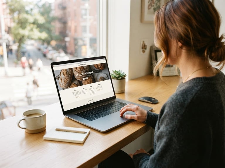 Over-the-shoulder view of a clean workspace with a laptop displaying a modern local business website under bright natural daylight, 35mm