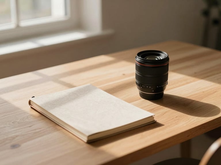 A minimalist creative workspace with a high-end camera lens, a linen notebook, and soft golden-hour window light casting long shadows across a clean wooden desk, 35mm editorial photography.