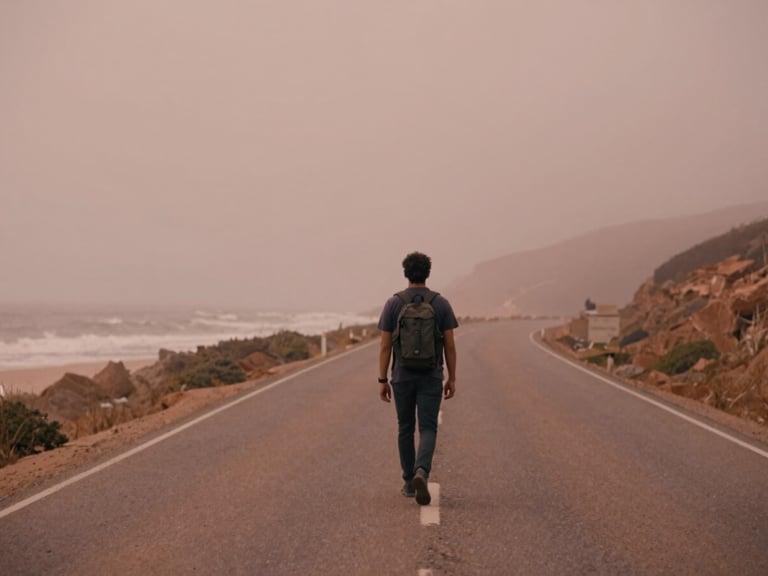 Cinematic 16:9 video still of a lone traveler on a misty coastal highway, muted terracotta tones, shallow depth of field, film grain.