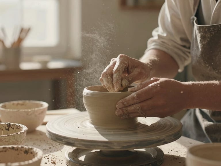 Cinematic 16:9 video preview of an artisan shaping clay in a sunlit studio, warm sand tones, dust motes in light beams, 35mm.