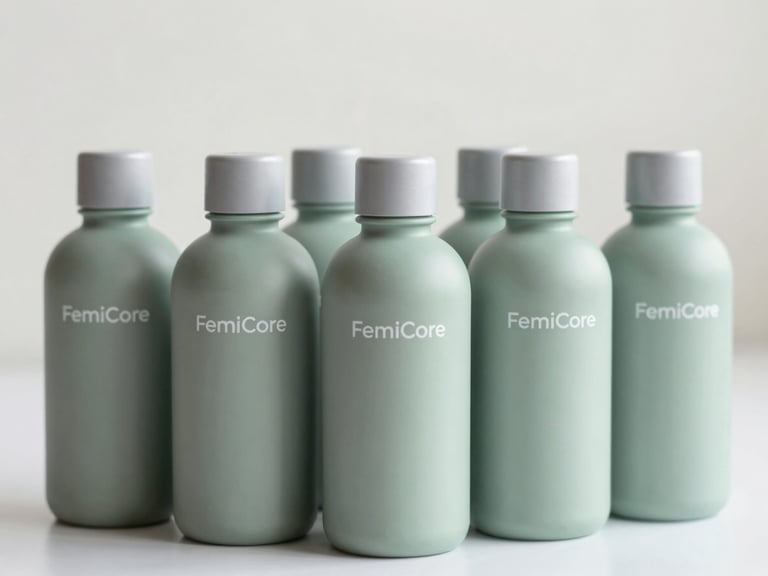 Clean product shot of six FemiCore bottles arranged neatly, soft natural light, sage and slate tones.