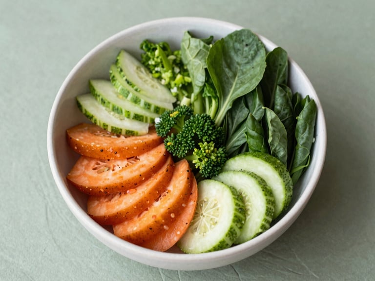 Overhead shot of a vibrant, healthy meal bowl with fresh ingredients, clean wellness photography, natural daylight, sage and slate tones.