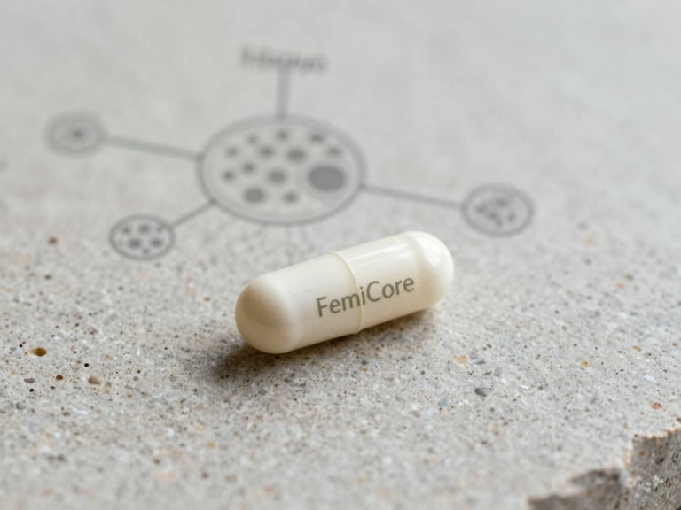 Clean white FemiCore capsule on textured stone, with a subtle scientific illustration of Lactobacillus Plantarum in the background, soft natural daylight.