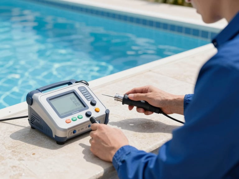 Technician using advanced ultrasonic leak detection equipment on a clean pool deck, bright natural daylight, crisp focus on tools.