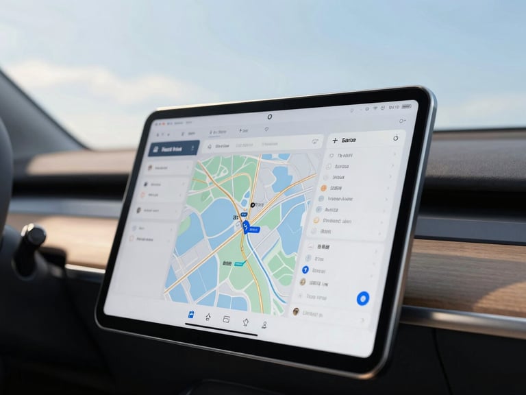 Premium luxury sedan interior, close-up of a travel itinerary on a tablet screen, soft morning light filtering through the window, shallow depth of field, blue and gold tones