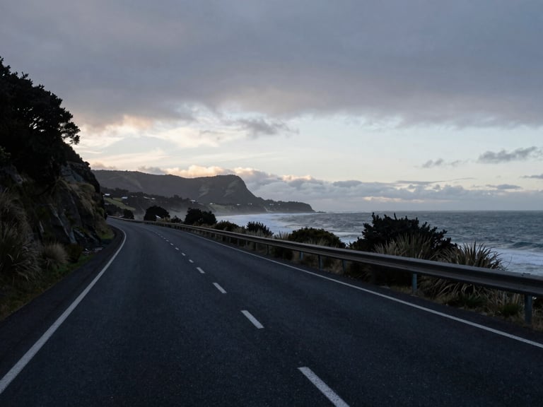 A wide, moody environmental photograph of a quiet New Zealand coastal highway at dawn, soft overcast daylight, deep navy and slate tones, 35mm