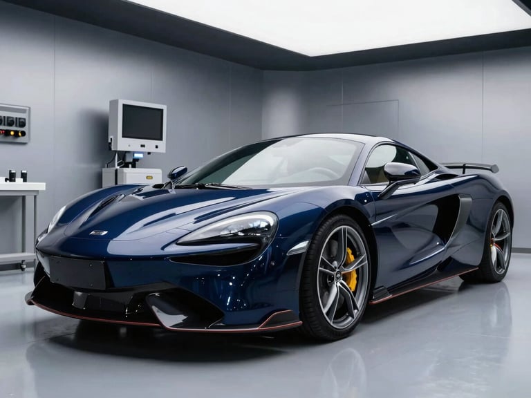 A pristine luxury sports car in a high-tech diagnostic bay, dramatic cool metallic lighting, sharp reflections on polished navy body, 35mm lens