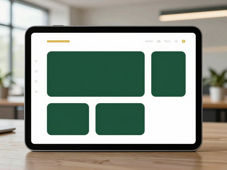 Clean UI/UX wireframe on a tablet, architectural office background, soft natural light