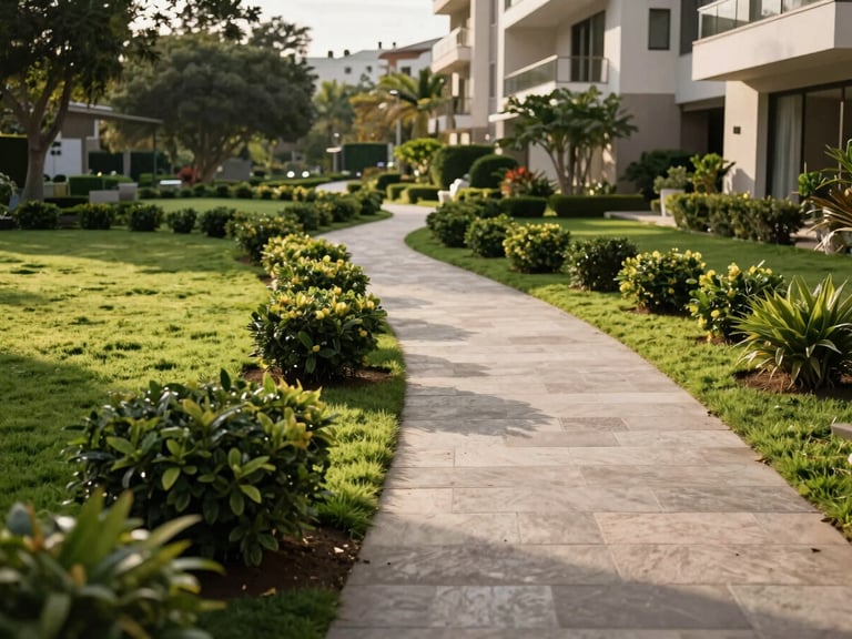 Área verde común de una casa club residencial de lujo, con césped perfectamente cortado, un sendero de piedra limpia que serpentea entre arbustos podados con precisión, iluminación solar de la tarde.