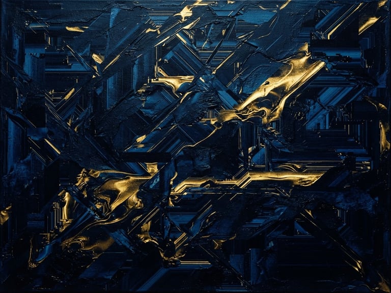 Dark editorial photography of a digital glitch canvas with deep navy, cobalt blue, and liquid gold textures, high contrast dramatic studio lighting, 35mm