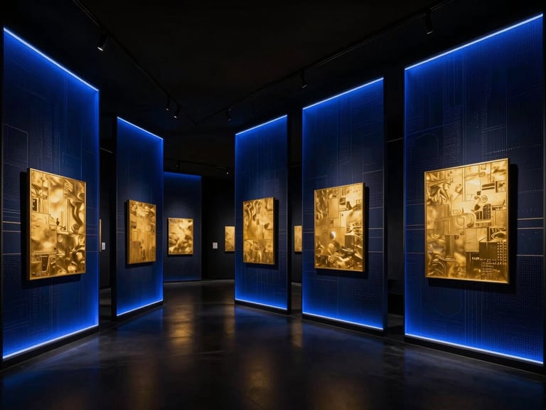 Wide-angle virtual architecture of a sleek, dark-mode gallery with glowing cobalt panels and floating gold canvases, dramatic high-contrast lighting.
