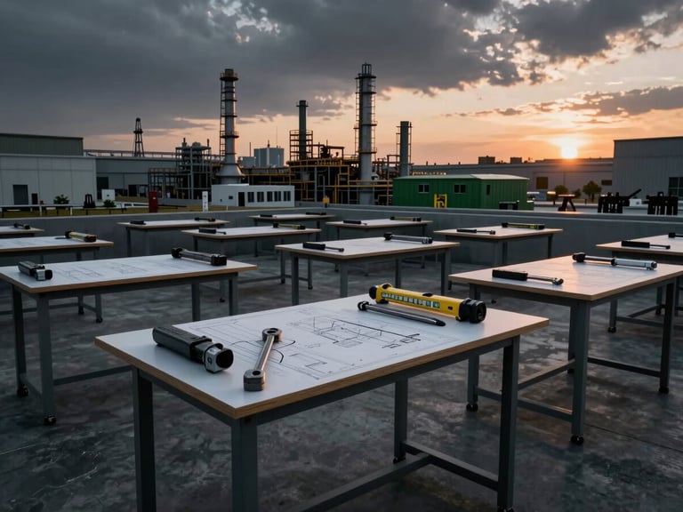 Planos arquitectónicos detallados sobre una mesa de obra, con herramientas de medición y una maqueta industrial de fondo, luz dramática de atardecer.
