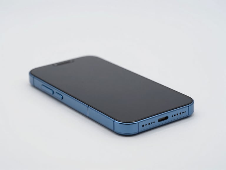 Sleek blue smartphone lying on a minimalist white surface, sharp focus, soft studio lighting
