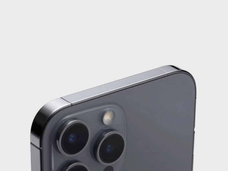 Sleek dark gray smartphone on a clean minimalist light background, soft studio lighting, sharp macro focus